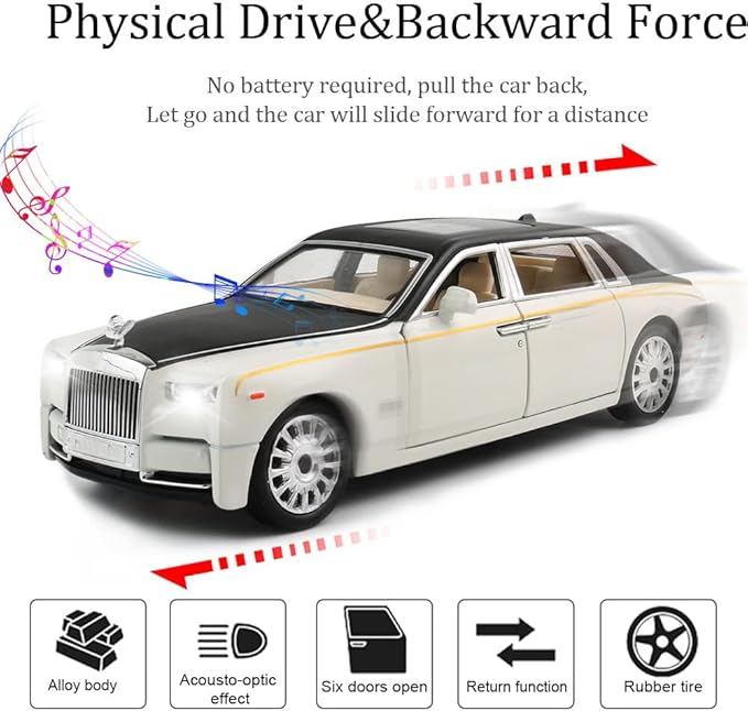 EROCK 1/24 Diecast Car Model Rolls-Royce Phantom Toy Car, Alloy Collectible Replica Pull Back Vehicles with Sound and Light for Kids Boys Girls Birthday Gift Phantom White