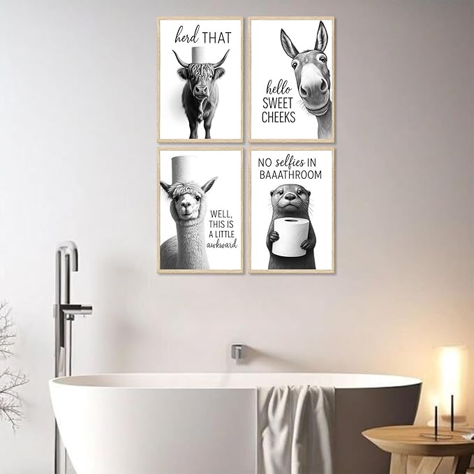 Funny Bathroom Wall Art Set of 4 Black and White Bathroom Wall Decor Toilet Paper Pictures Cute Humorous Animal Posters Prints Toilet Signs Painting Artwork Decoration 12x16in Unframed