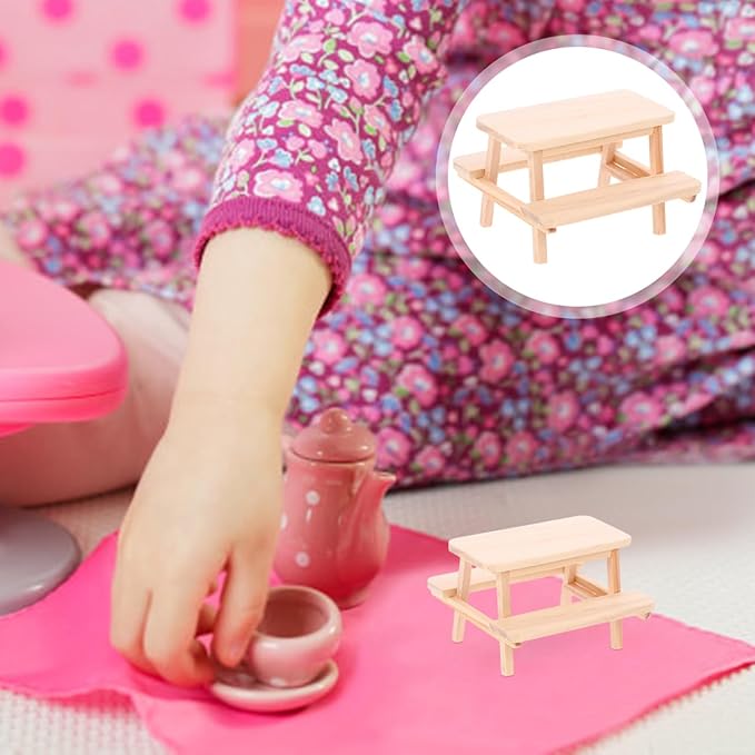 Dollhouse Furniture Mini Wooden Table Model 1:12 Doll House Picnic Table Chair Tiny House Decor Dining for Doll House Kitchen Accessories