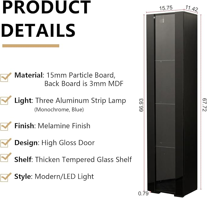 Pvillez 67" LED Display Cabinet with 4 Glass Shelves & 1 Door, Modern Curio Cabinet Collection Display Case Storage Cabinet, High Gloss Floor Standing Bookshelf for Living Room Bedroom Office (Black)