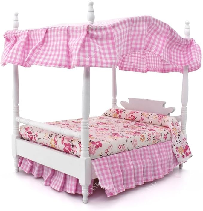 iLAND Dollhouse Furniture Bedroom Set Doll House Mini Bed for Dolls Wooden Miniature Furniture with 1 12 Scale Accessories Pink Dollhouse Accessories Decor