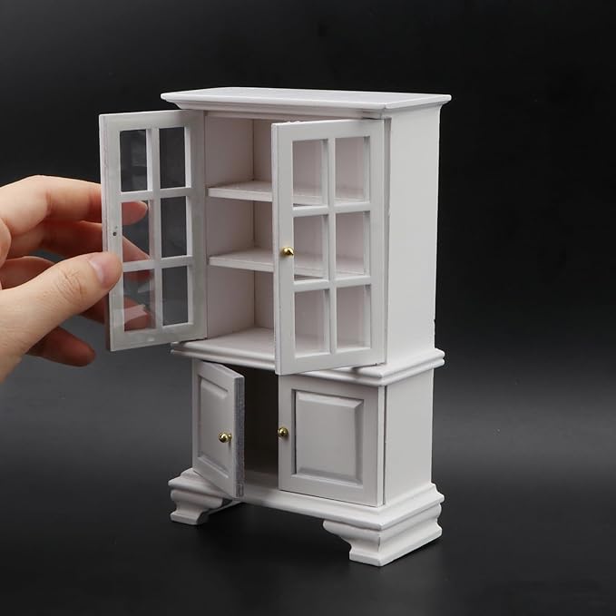 Dollhouse Furniture Cabinet 1:12 Scale Miniature Kitchen Accessories Wooden Cupboard Bookcase Display Shelf for Living Room Decoration (White)