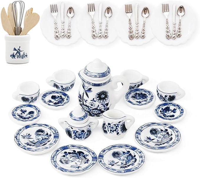 Odoria 1/12 Miniature Porcelain Tea Set Plates and Silverware Kitchen Utensils Dollhouse Accessories, Blue Lotus