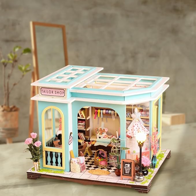 CRIOLPO DIY Miniature House Kit, DIY Doll House Miniature Kit for Adults, Tiny House Making Kit, Doll House Kit with Furnitures, Craft Kits, 3D Wooden Crafts Model - Tailor Shop