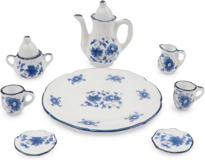 Dollhouse 1:6 Porcelain Tea Cup Sets 8 Pcs Set Miniature Ceramics Dollhouse Accessories Flower Pattern Teapot Platter Dish Sets Dollhouse Kitchen Supplies Decoration (Blue Flower)