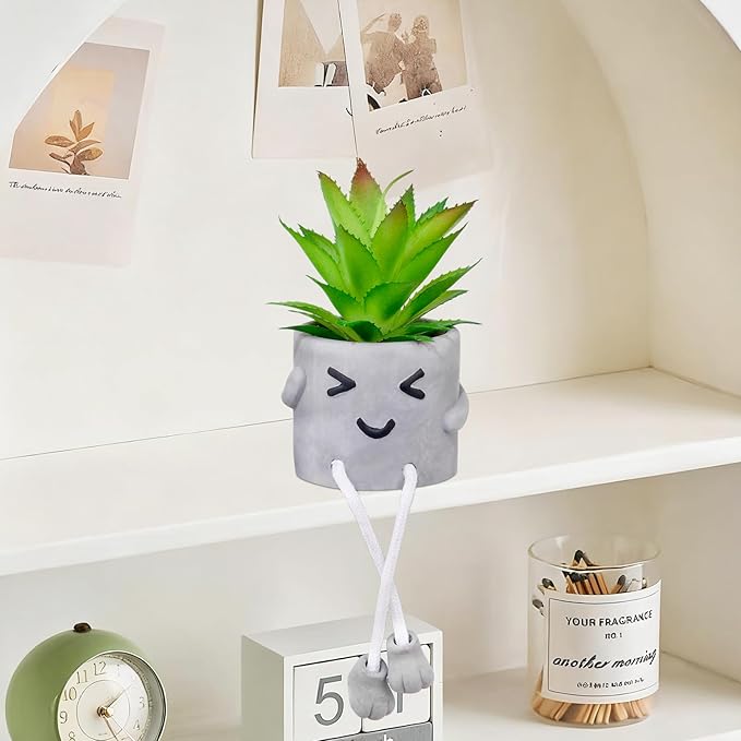 LUZOGA Cute Artificial Succulent Plant in Cement Pot with Hanging Legs - Kitchen Shelf, Bathroom, Office Wall Decoration, Mini Fake Succulents Decor Accents for Desk Shelf - Set of 1
