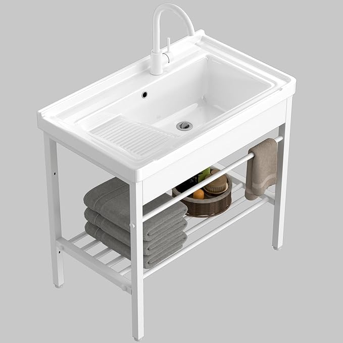 GGW Freestanding Laundry Sink, Ceramic Utility Sink with Washboard and Faucet, Laundry Tub for Laundry Room, Garage, Basement, Outdoor and Indoor, 28.3"W x 19"D x 32.3"H, White