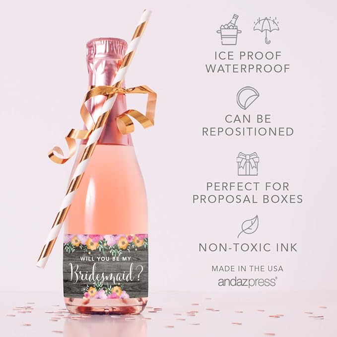 Andaz Press Mini Champagne Wine Bottle Proposal Labels, Will You Be My Bridesmaid? Matron Maid of Honor?, Rustic Gray Wood Floral Flowers, 20-Pack, Favor Gift Labels