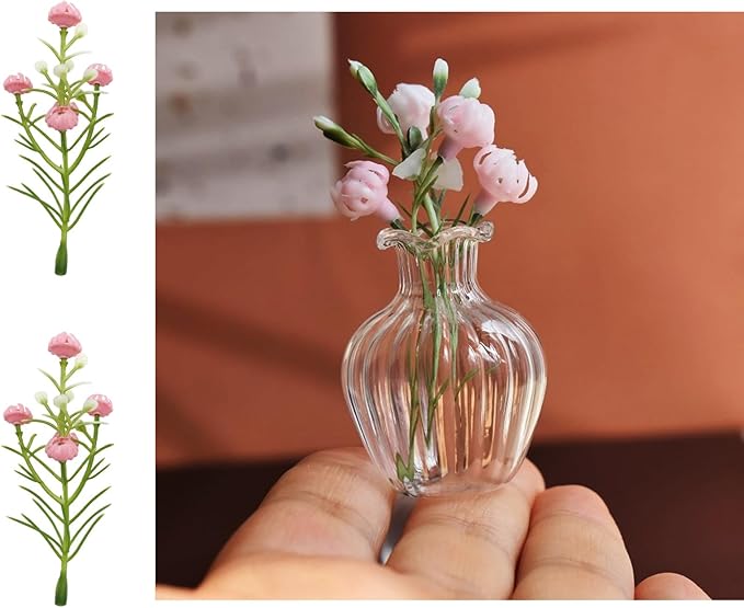 2 Pcs Mini Gypsophila Flowers, Fake Wild Flowers, Miniature Grass Flower Tufts, Miniature Plants for Fairy Garden Mini House Micro Landscape Decoration (Pink, Purple)