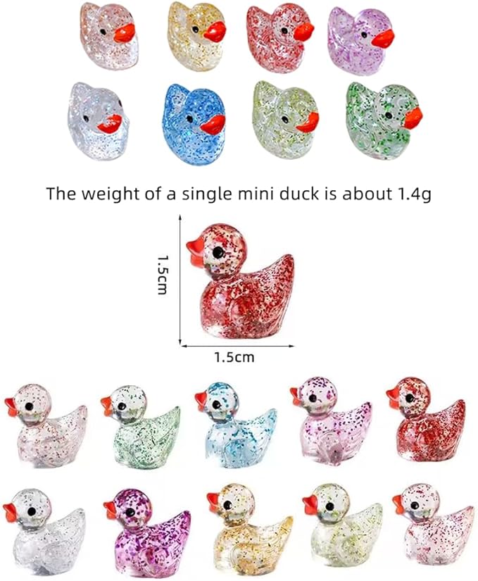 100pcs Mini Resin Duck,15 mm Dollhouse Décor for Aquarium Decor Micro Fairy Garden Landscape Hide,Seek Party Toys,Easter Basket Stuffer, Gift for All Ages (Glitter-Multicolour)