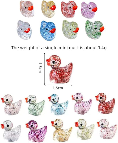 100pcs Mini Resin Duck,15 mm Dollhouse Décor for Aquarium Decor Micro Fairy Garden Landscape Hide,Seek Party Toys,Easter Basket Stuffer, Gift for All Ages (Glitter-Multicolour)