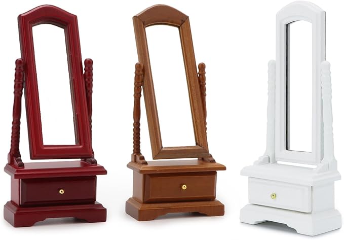 Miniature Furniture Fitting Mirror 1:12 Scale Dollhouse Bedroom Dressing Mirror with Drawer Model Accessory Mini Scene Ornament Desktop Decoration (Brown)