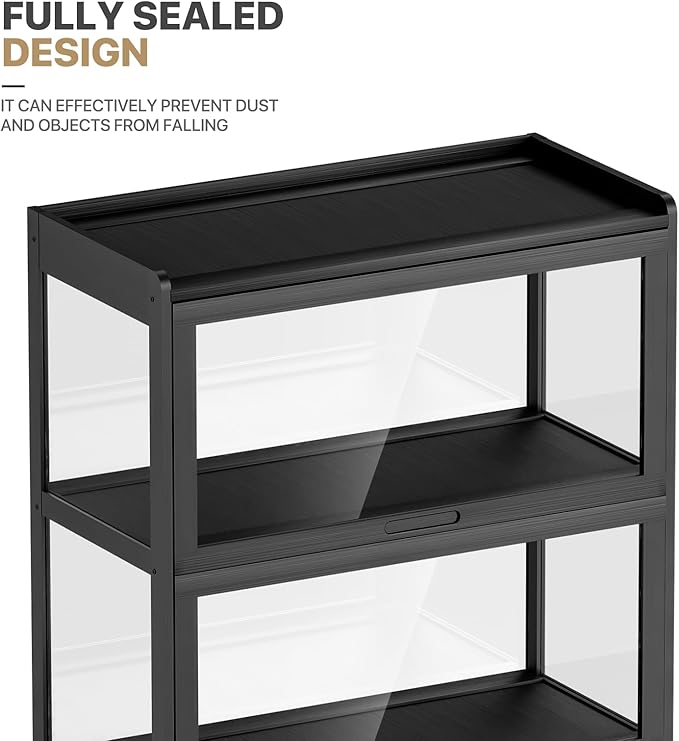 MoNiBloom 55" Curio Display Cabinet with Doors, 4-Tier Bamboo Showcase Storage Cabinet Shelf Collectibles Toy Display Case for Living Room, Black