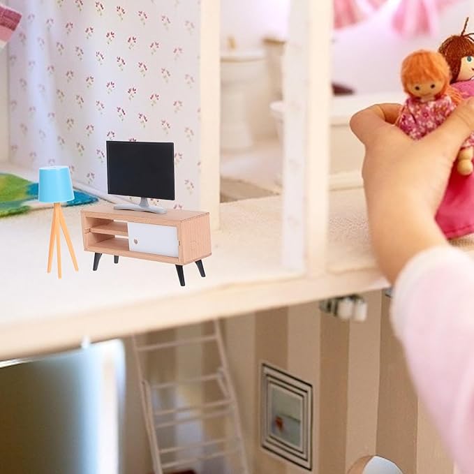 Toyvian Dollhouse Miniature Tv Set: 1/12 Scale Dollhouse Furniture with Television Cabinet Floor Lamp Model - Realistic Design - Ideal for Mini House, Cake Topper