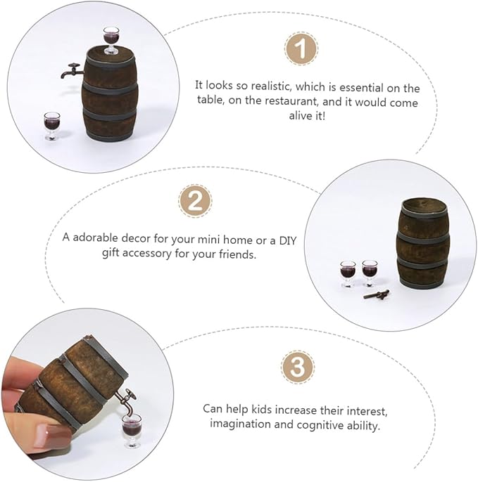 KONTONTY Mini Wooden Beer Barrel with Faucet Miniature Fairy Garden Decor Vintage Small Wine Container Dollhouse Accessories for Creative Home Model Display