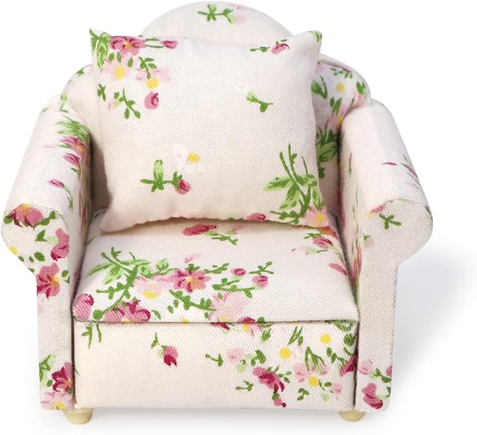 Dollhouse Couch with Pillow 1 12 Scale Miniature Sofa Arm Chair Living Room Furniture Wooden Fabric Frame Single Reading Chair Artificial House Room Scene Decoration (Pink)