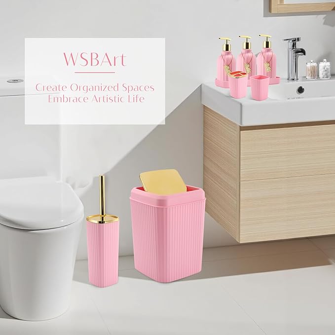 WSBArt 17PCS Bathroom Accessory Set Pink Bathroom Set Bathroom Accessories,Toilet Brush, Trash Can, Qtip Holder Dispenser& 3PCS Soap Dispenser