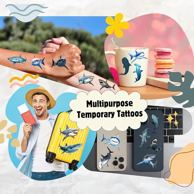 60PCS Realistic Shark Temporary Tattoos for Kids Birthday Party Decorations, Supplies– Ocean Sea Animal Fake Tattoos for Boys Girls – Under the Sea Party Favors, Classroom Rewards Gifts