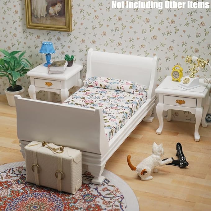 Odoria Dollhouse Single Bed Miniature: 1/12 Scale Wooden Bed Victorian for 6 inch Dolls Bedroom Vintage - Mini White Furniture with Bedding Fabric