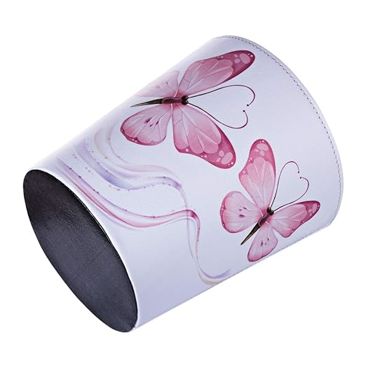 Scakbyer 10L/2.64 Gallon PU Leather Trash Can Decorative Waterproof Wastebasket Paper Basket Garbage Bin for Home Office Bathroom - Pink Butterfly