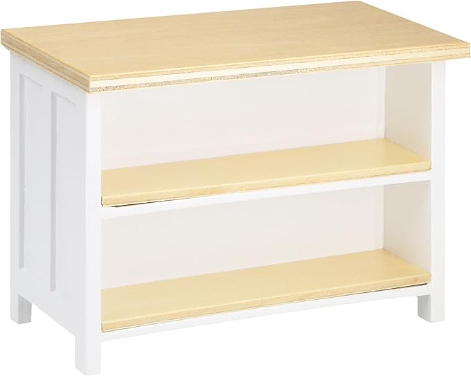 Miniature Dollhouse Kitchen Island, 1/12 Scale Wood Dining Table with Storage Shelves, Modern Furniture Accessories, Rectangular Mini Counter Shelving for Restaurant Pub Bar Decoration, White