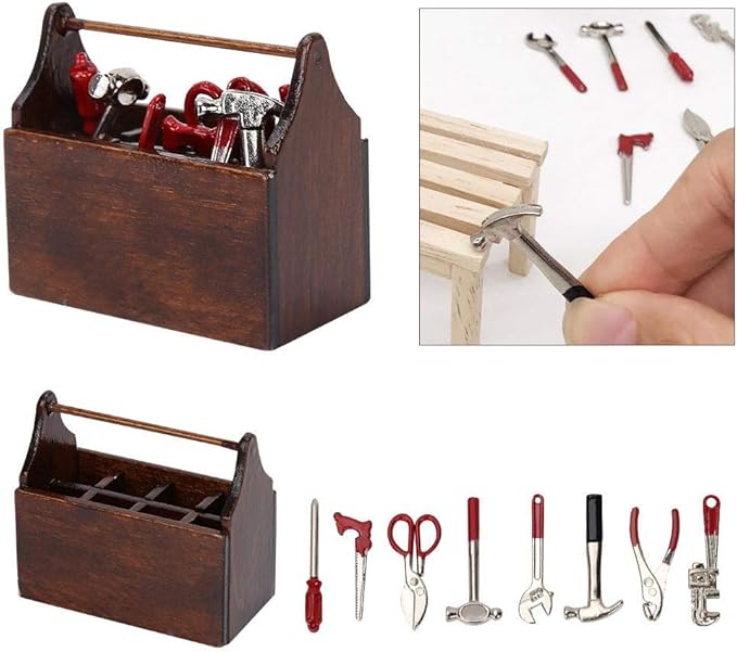Doll House Toolbox,Eecoo Miniature Tool Box Wooden Toolbox Model for 1/12 Doll House Accessories with 8PCS Metal Tools Set