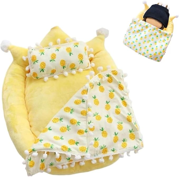Mini Bed for Labubu Sofa, Doll House Furniture for Labubu Bedroom, Cute Doll Bed with Pillow and Blanket for 17cm Doll, Dollhouse Accessories for Labubu Decor or Collectors (Pineapple)