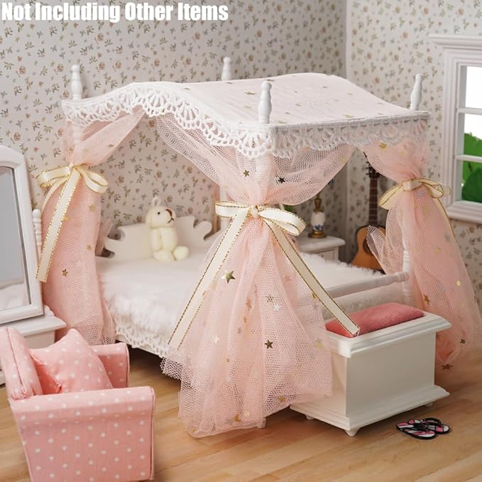 Odoria Dollhouse Princess Bed Miniature: 1/12 Scale Queen Bed Pink Fluffy for 6 inch Dolls Bedroom - Mini Bedding Furniture with Luxury Canopy