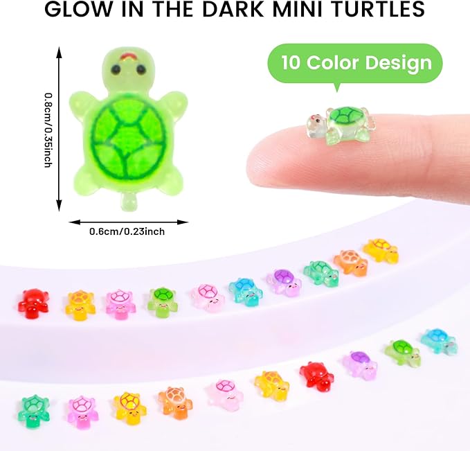 300pcs Mini Resin Turtles Luminous Tiny Turtle for Crafts Dollhouse Miniatures Mini Resin Things Animals for Fairy Garden Micro Landscaping Decoration Home Decor, 10 Colors(0.23 * 0.35inch)