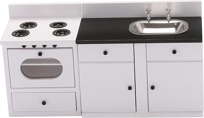 Wooden Dollhouse Kitchen Stove Cabinet, Miniature Dolls House Oven, Burners, Range, 1/12 Scale, White