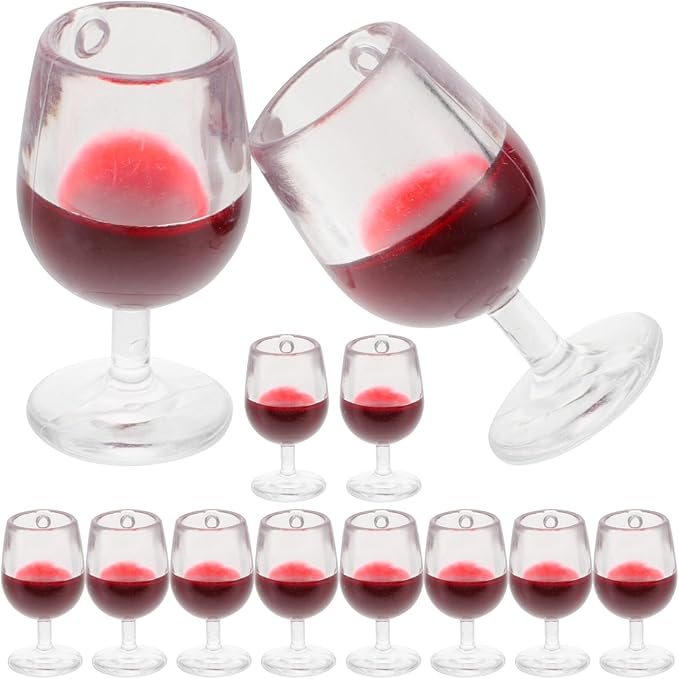 Mini Resin Wine Glasses Set 12Pcs 1.38 Inch Dollhouse Accessories with Keychain Holes for DIY Craft and Miniature Decor in Dark Red