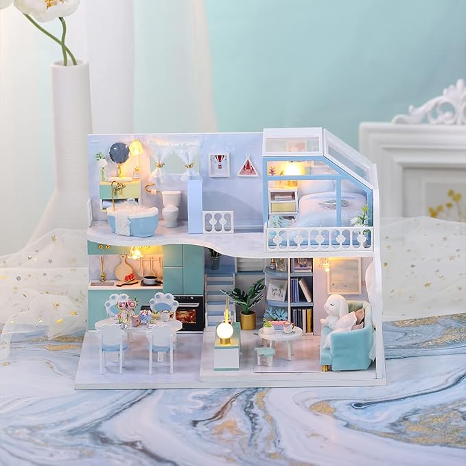GuDoQi DIY Miniature Dollhouse Kit, Tiny House kit with Furniture, Miniature House Kit 1:24 Scale, Great Gift for Birthday Christmas Day, Beautiful Blue Room