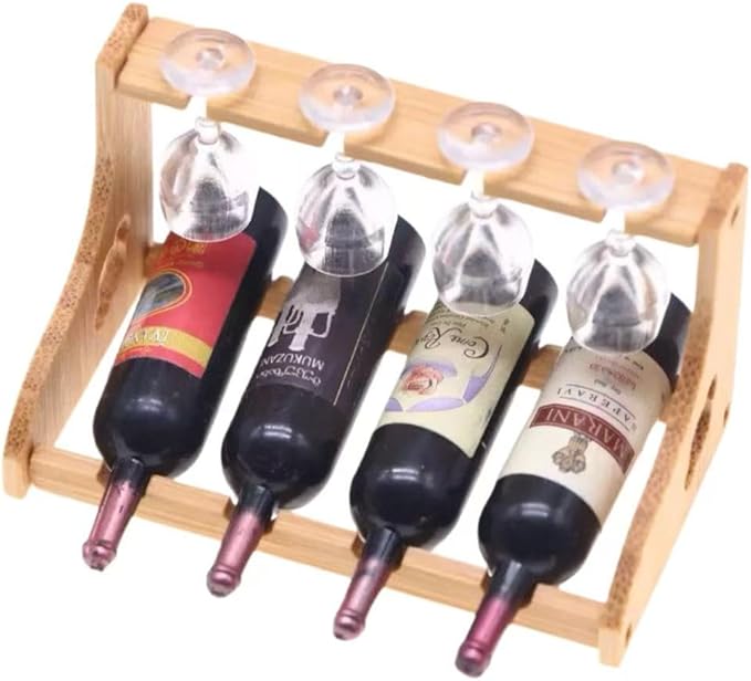 Dollhouse Accessories Wine Bottle Set,1 12 Scale Object Including 4 Bottles of Wine with 4 Glasses and a Holder for Mini House Decoration(Modern Style)