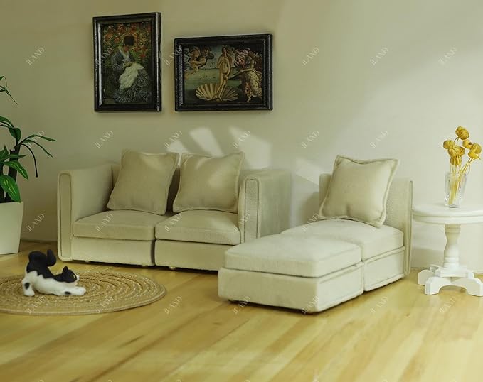 iLAND Dollhouse Furniture Miniature Sectional Couch Set Fit 1/12 Scale Accessories for Doll House Décor and 3 to 6 inches Doll Figure, Modern White Velvet Sofa Elegant & Classic
