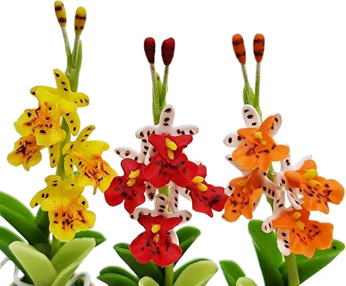 WitnyStore Tiny 2" High 3 Pieces Set Yellow Red Orange Orchid - Hand Made Artificial Flowers Colorful Miniature Realistic Modelling Clay Flower Plant Pot Blooming House Plants Home Indoor Decoration