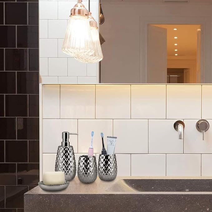 Silver Bathroom Accessories Set, Moroccan Trellis Bathroom Ensemble Complete Sets for Bath Decor Includes Soap Dispenser Pump, Toothbrush Holder, Tumbler, Soap Dish, Ideas Home Gift