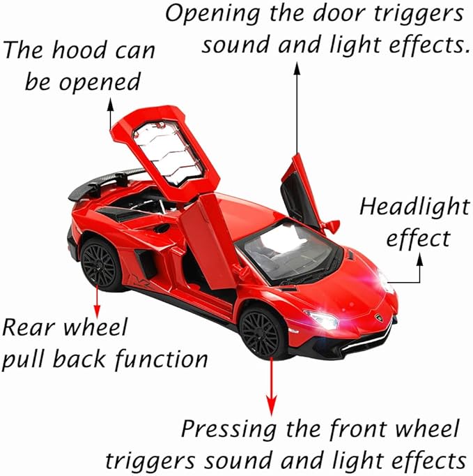 Toy Car Model Red Aventador Pull Back Vehicles Diecast with Light & Sound