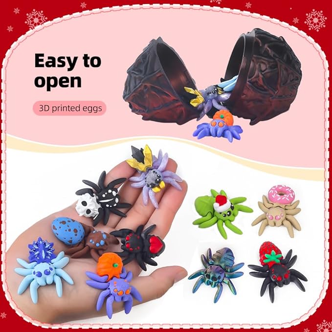 3D Printed Dragon Egg with 10 Unique Spiders,3D Printed Animals,Stocking Stuffers,Surprise Spider Set for Party Favors (Black-Red)