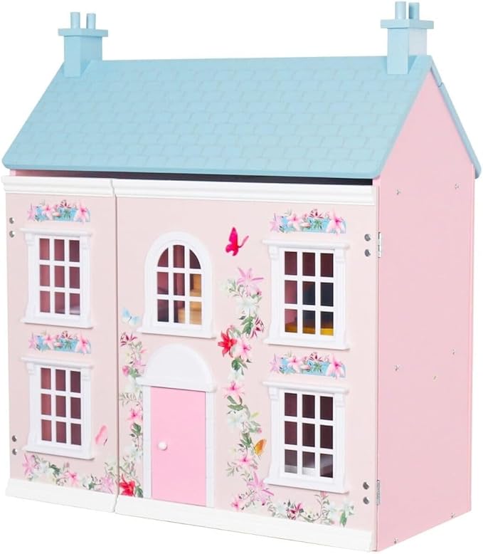 Doll House, 3-Story Wooden Cottage Dollhouse Playset w/Double-Sided Roofs, Accessories & Furniture, Pretend Play Toddler Big Doll House, Gift for Kids Aged 3+ (Pink)