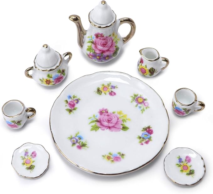 Dollhouse Tea Cup Sets 1:6 Scale Miniature Porcelain Dollhouse Accessories 8PCS Flower Pattern Teapot Platter Dish Sets Dollhouse Kitchen Supplies Decoration (Pink)