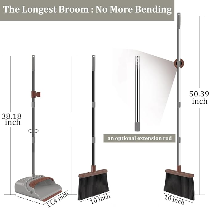 kelamayi Upgrade Broom and Dustpan Set, Self-Cleaning with Dustpan Teeth, Ideal for Dog Cat Pets Home Use, Super Long Handle Upright Stand Up Broom and Dustpan Set (Brown)
