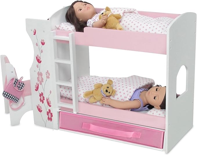 Emily Rose 18 Inch Doll Bunk Bed Set with Desk and Storage - Wooden Dollhouse Furniture with Bedding & Ladder - Compatible with American Girl, Our Generation, My Life As & Adora