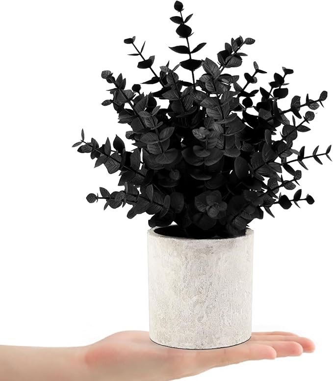 Coferset 2 Pack Black Fake Eucalyptus Small Fake Plants Potted Artificial Plants for Halloween Shelf Desk Home Farmhouse Room Coffee Table Decor Bathroom Decor (Black)