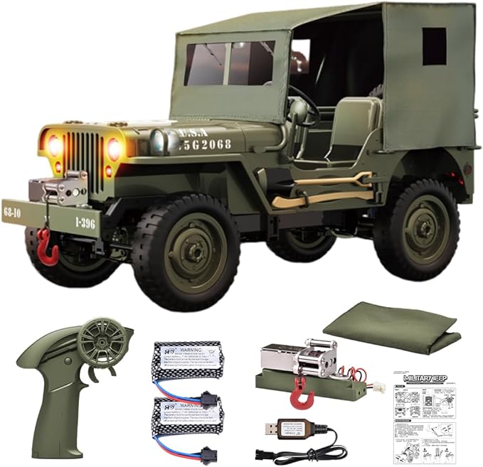 RC Military Truck Rock Crawler, 1:10 4WD Off-Road Remote Control Military Jeep with Winch, Canvas & 2 Batteries, 2.4G All Terrain Army Climbing Vehicle with LED Lights, for Kids Adult