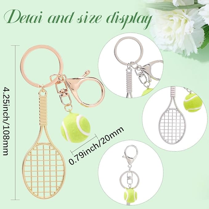 SOFPLATE 1 Box 2Pcs Tennis Charm Keychain Sport Ball Key Chains Gold Alloy Small Racket Metal Hanging Pendant Keyrings Bag Charms for Purse Handbags Men Car Keys Accessories Party Favor Decoration