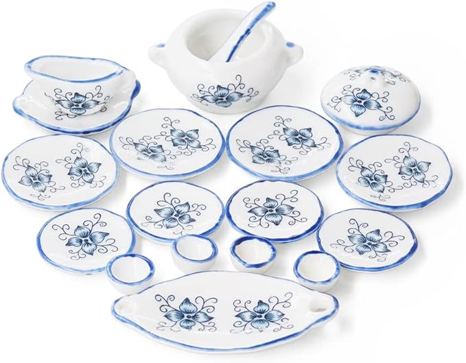 Odoria 1/12 Miniature Dish Dinnerware Set 17Pcs Dollhouse Decoration Accessories, Blue Petals
