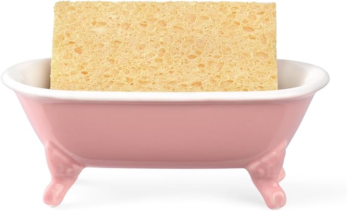 NEWHENGS 6.5" Ceramic Mini Decorative Clawfoot Bathtub Bar Soap Dish, Kitchen Sponge Holder and Shower Tray for Bathroom, 1 Pack(Rose)