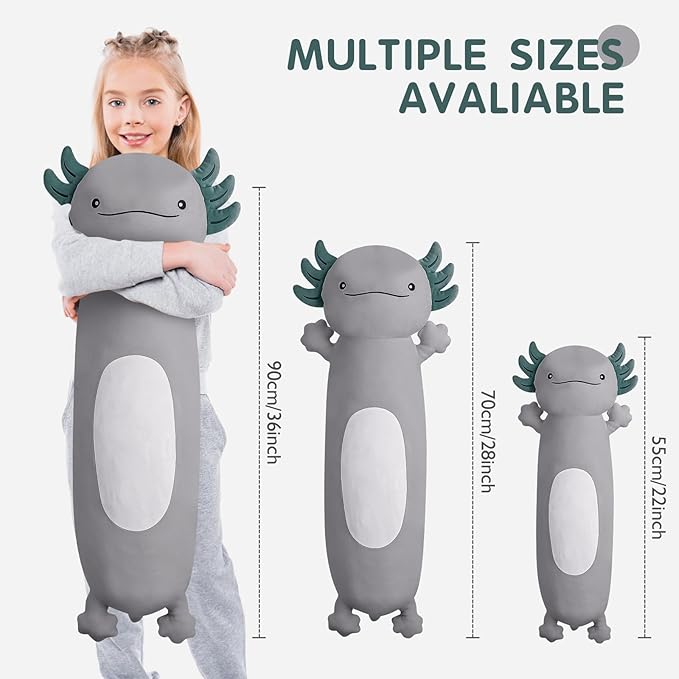 36 inch Cute Giant Grey Axolotl Plush Soft Long Body Pillow, Large Squishy Plushies Axolotl Stuffed Animals Toy, Gifts for Kids Boys Girls Birthday, Halloween, Christmas