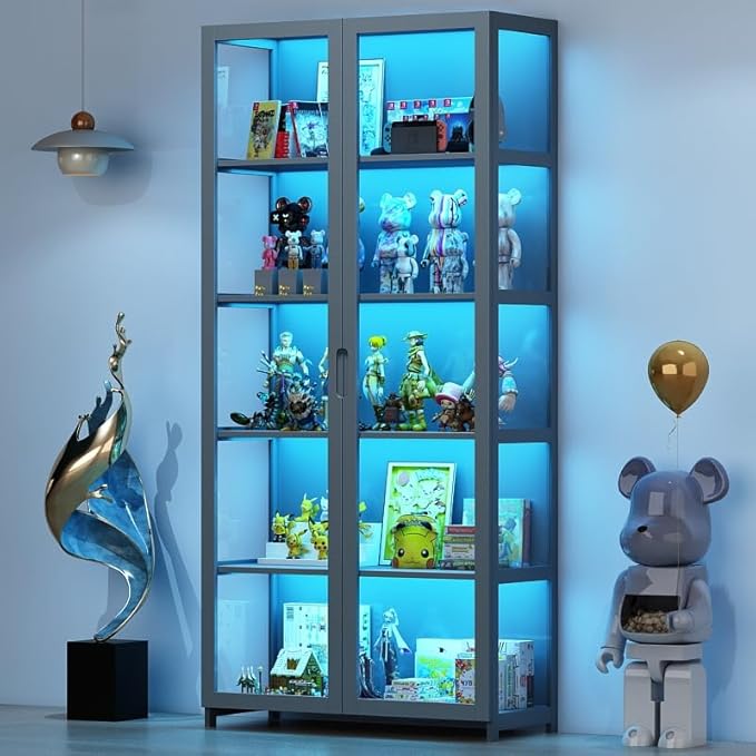 Display Cabinet with Acrylic Doors, 5-Tier Bamboo Curio Display Case for Figures - Display Shelves for Collectibles & Toy Display Cabinet for Home, Office, Playroom, Living Room