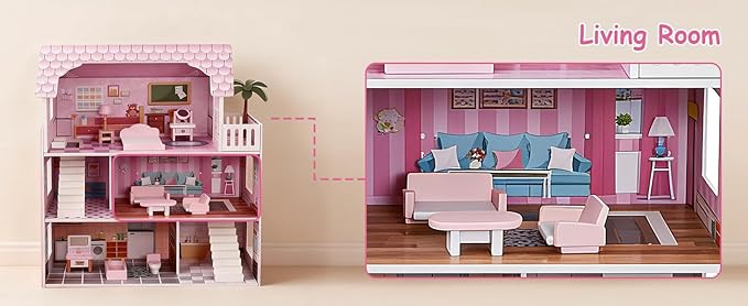3 Story Dollhouse for Girls with Furniture, Pink Wooden Doll House Playset for Kids Ages 3-8, Multi-Room Modern Doll Cottage with Movable Accessories, Storage & Easy Assembly for Imaginative Role Play
